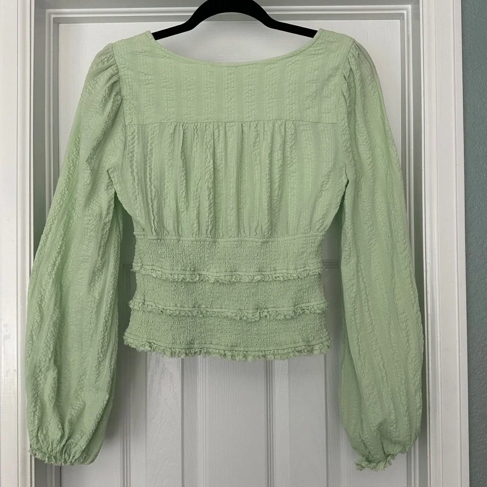 Free People 100%‎ Cotton Green Puff Sleeve Smocked Lolita Peasant Top Size Small